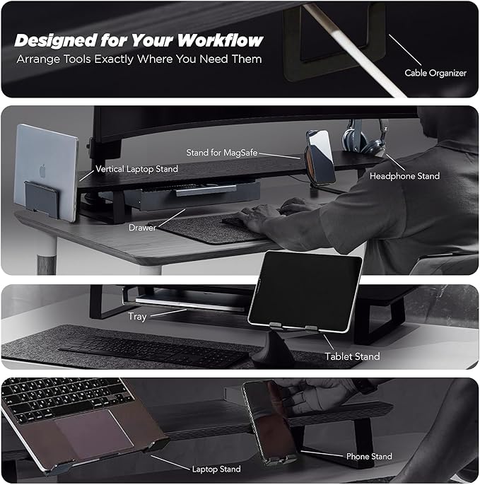 Moodular Wooden Monitor Stand 45.6” (116cm) Large Desk Organizer with Metal Slide Rails for Drawer, Tray, Laptop, Tablet, Phone & Headphones Customizable Riser for Organized Workspace Oak