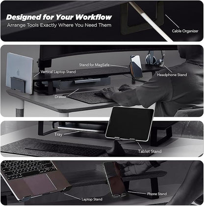 Moodular Wooden Monitor Stand 45.6” (116cm) Large Desk Organizer with Metal Slide Rails for Drawer, Tray, Laptop, Tablet, Phone & Headphones Customizable Riser for Organized Workspace Black