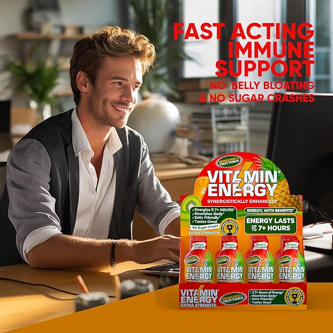 Vitamin Energy Immune+ Extra Strength Energy Shot Fruit Punch 8 Pack, 260mg Natural Caffeine, B-Vitamins, Citicoline, Green Tea, Immunity & Focus Support, Zero Sugar, Gluten-Free 1.93 fl oz
