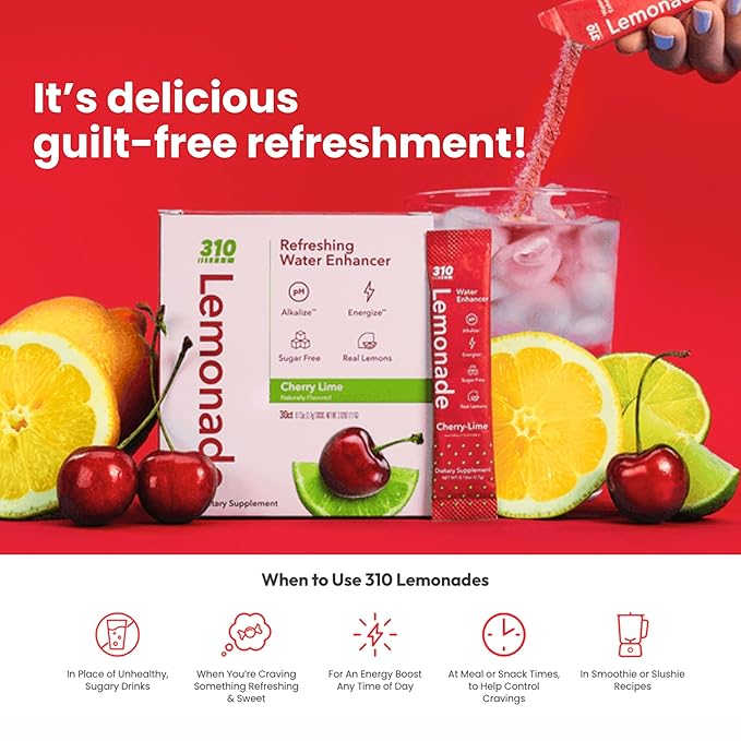310 Nutrition Electrolyte Lemonade Powder No Sugar - Cherry Lime Water Flavoring Packets - Hydration & Energy Drink Mix - Low Calorie Water Enhancer - 30 Singles - Made in The USA