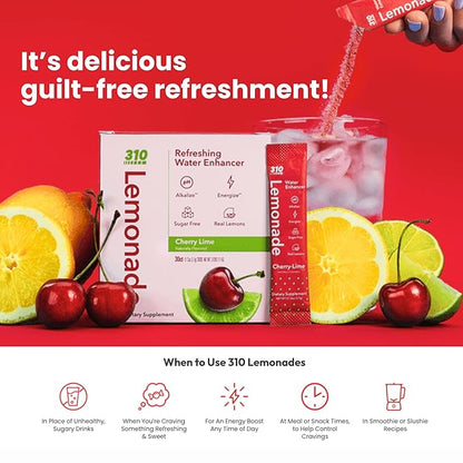310 Nutrition Electrolyte Lemonade Powder No Sugar - Cherry Lime Water Flavoring Packets - Hydration & Energy Drink Mix - Low Calorie Water Enhancer - 30 Singles - Made in The USA