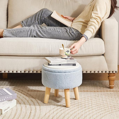 IBUYKE 13 Inch Foot Stool Ottoman with Storage, Round Small Foot Rest with Padded Seat and Wood Legs, Teddy Velvet Mini Footstool for Living Room Couch Bedroom Entryway, Gray-Blue WBD006H
