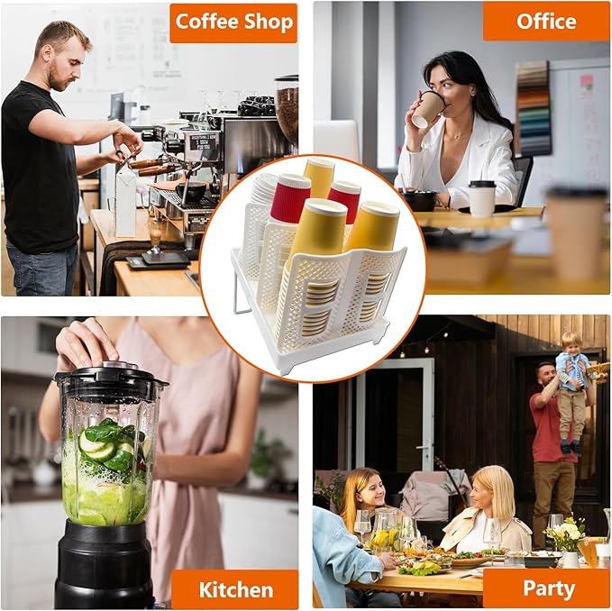 Coffee Cup Organizer Holder, CIT ZCFYU Adjustable Cup and Lid Storage Rack,6 Slots Disposable Paper Cup Dispenser fits 8-22oz,Plastic Cup Stand for Coffee Station Bar Countertop Home Kitchen,White