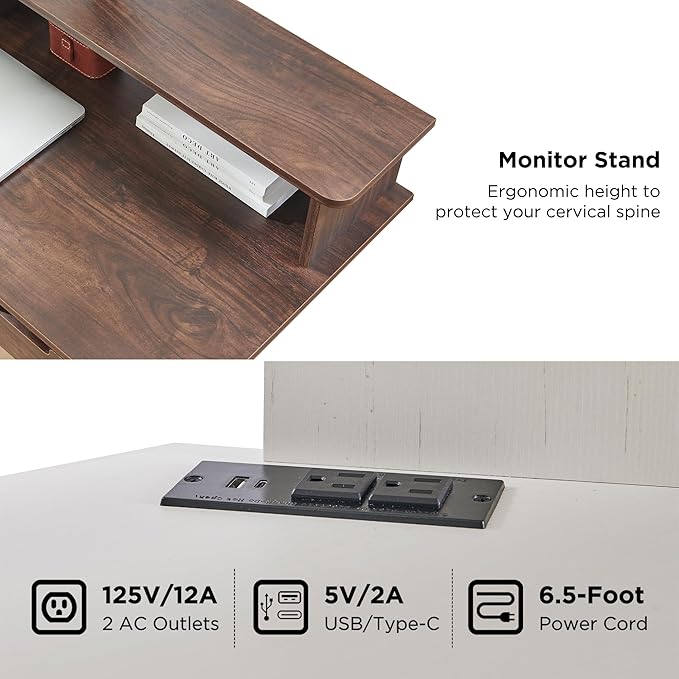 T4TREAM 60" Electric Standing Desk - L Shaped Desk with Monitor Stand, Charging Station & Remote Light, Home Office & Gaming Corner Computer Desk, Dark Walnut