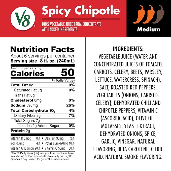 V8 Spicy Chipotle 100% Vegetable Juice, 46 fl oz Bottle (12 Pack)