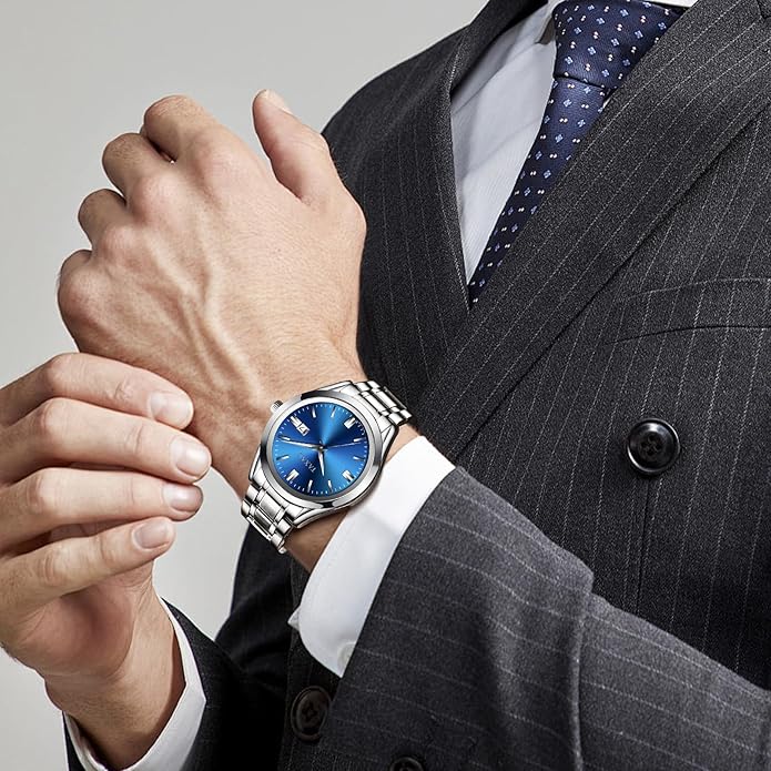 Mens Silver Watch Luxury Minimalist Dress Watch Classic Waterproof Watches for Men Analog Quartz Stainless Steel Men's Wrist Watches with Date Luminous Relojes para Hombres