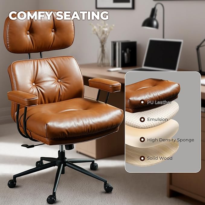 Ergonomic High Back Office Chair, PU Leather Home Office Desk Chairs with Wheels, Lumbar Support Swivel Computer Chair with Rocking Function, Brown