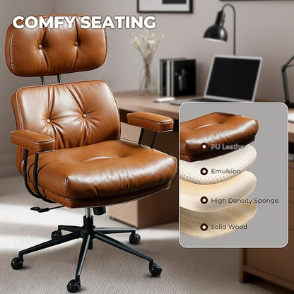 Ergonomic High Back Office Chair, PU Leather Home Office Desk Chairs with Wheels, Lumbar Support Swivel Computer Chair with Rocking Function, Brown