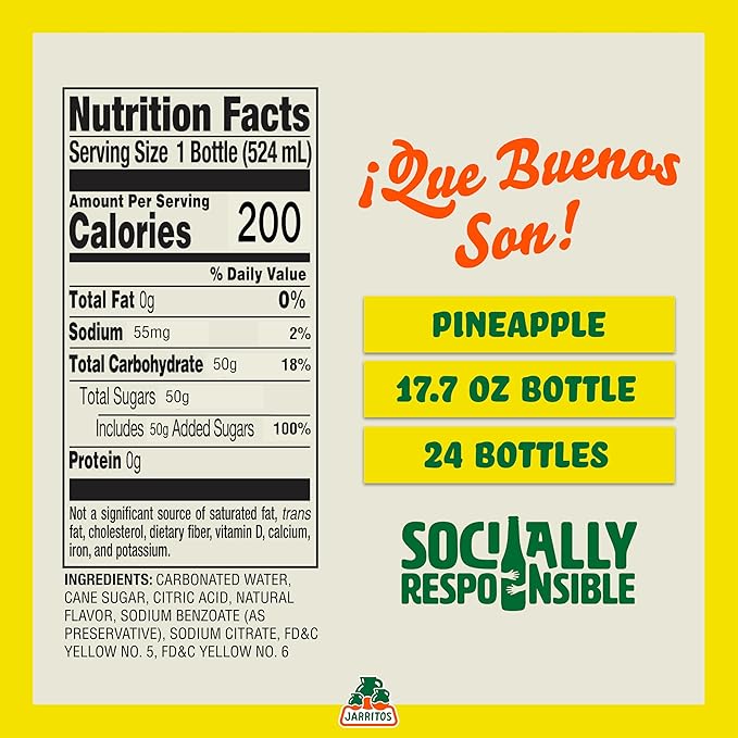 Jarritos - Mexican Soda Soft Drinks, Pineapple (17.7 oz, 524ml) 24 Bottles - Made with Real Cane Sugar - 0g Fat - Made in Mexico - Natural Flavor Soda Pop - Party & BBQ Beverages
