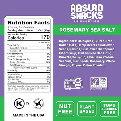 Absurd Snacks Chickpea & Granola Crunch Mix, Rosemary Sea Salt, Nut-Free, Gluten-Free, Plant-Based, Good Source of Protein & Fiber, Top-9 Allergen Free Snack Mix - 8-Pack (1.5 ounce, 8 servings)