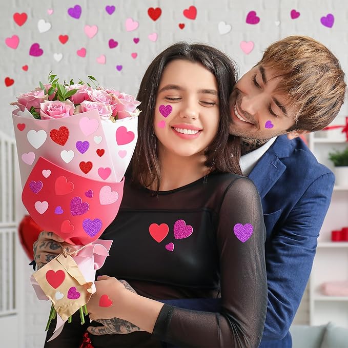 300 PCS Valentines Stickers, Heart Foam Valentine Decor, Self-Adhesive Heart Stickers, Glitter Matte Foam Hearts for Crafts Adults Valentine Stickers Wedding Birthday Cards DIY Crafts
