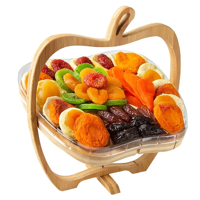 Oh! Nuts Dried Fruit Gift Basket - Gourmet Gift Baskets - Holiday Healthy Assortment Dried Fruits Gift Box - Crafted in the USA - Wooden Apple Shape Gift Tray - (Sunset Orange)