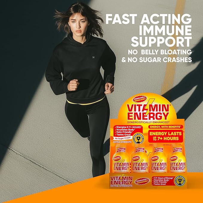 Vitamin Energy Immune+ Extra Strength Energy Shot Orange Burst 12 Pack, 260mg Natural Caffeine, B-Vitamins, Citicoline, Green Tea, Immunity & Focus Support, Zero Sugar, Gluten-Free 1.93 fl oz