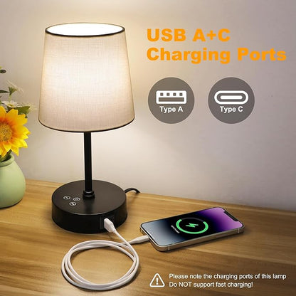 Ascher Small Bedside Table lamp, RGB Color Changing Lamps, 3 Color Temperatures, Dimmable Nightstand Lamp with USB C+A Ports, Touch Desk Lamp for Bedroom Living Room, H11.4in(Cream Shade)