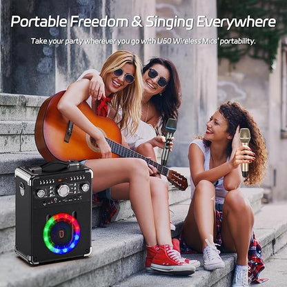 U60 Wireless Microphones, Dual UHF Microphone System with Rechargeable Receiver, Karaoke Microphone for Singing, Wedding, DJ, Party, Speech, Church, Class, 200ft