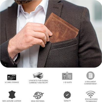 Tri fold Leather Wallet for Men with RFID | Slim Wallets for Men with 1 ID and 6 Credit card slots | Front Pocket Minimalist