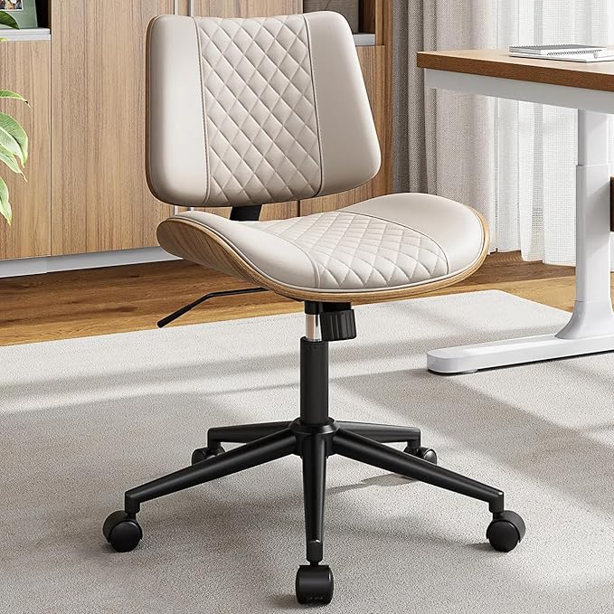 Armless Office Chair, Mid Century Modern Desk Chair with Walnut Wood Back & SGS Level 3 Gas Lift, Swivel PU Leather Computer Chair for Small Space, Home Office, Bedroom, 300lbs Cap, Beige