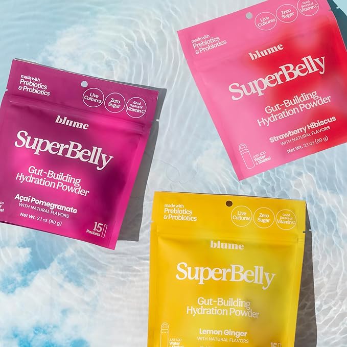 Blume SuperBelly Gut Health and On-The-Go Hydration Packets, GLP-1 Friendly, Sugar-Free, with Prebiotics, Probiotics, Apple Cider Vinegar, Vitamin C, and Electrolytes, Açai Pomegranate, 15 Sticks