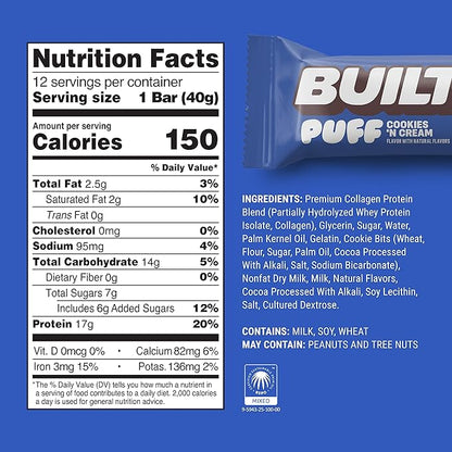 Built Bar, Puff Protein Bars, Cookies 'N Cream Puff, 17g Protein Snacks, On-The-Go Bars, Only 140 Calories, 7g Sugar, Collagen, Not Gluten Free, 12 Count