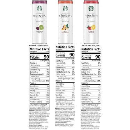 Starbucks Refreshers, 3 Flavor Variety Pack (Peach,Cherry, Stw Lmd), 12 Ounce Sleek Cans (Pack of 12)
