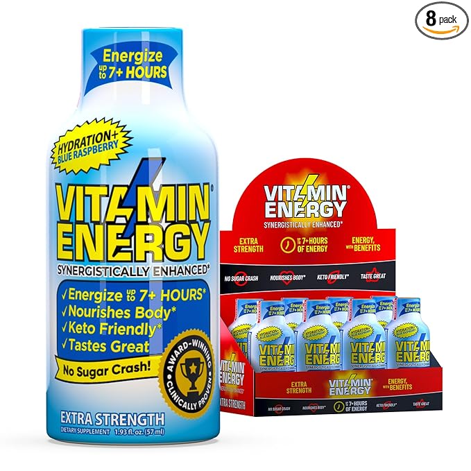 Vitamin Energy Hydration+ Extra Strength Energy Shot Blue Raspberry 8 Pack, 260mg Natural Caffeine, Electrolytes, BCAAs, Amino Acids, Hydration & Performance, Zero Sugar, Gluten-Free, 1.93 fl oz