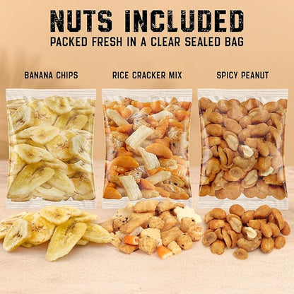 Mens Nut Gifts Box, Featuring Spicy Peanuts, Rice Crackers and Banana Chips in 3 Cube Boxes, Ideal Gift for Men.