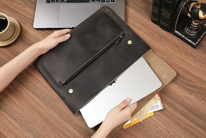 Genuine Leather Sleeve for 13/14/15-in MacBook Pro & MacBook Air, Slim Protective Laptop Case, Folio Document Organizer Leather Folder Portfolio-Grey