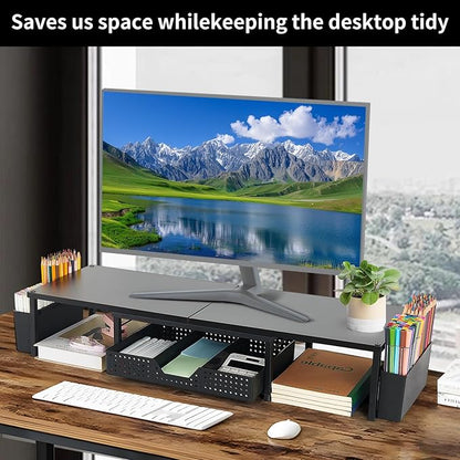 OPNICE Desk Dual Monitor Stand Riser - Desk Organizer with Drawer and Pen Holders, Office Desk Accessories & Workspace Organization, Computer Monitor Stand for Laptop, Printer, TV(Black Wood)