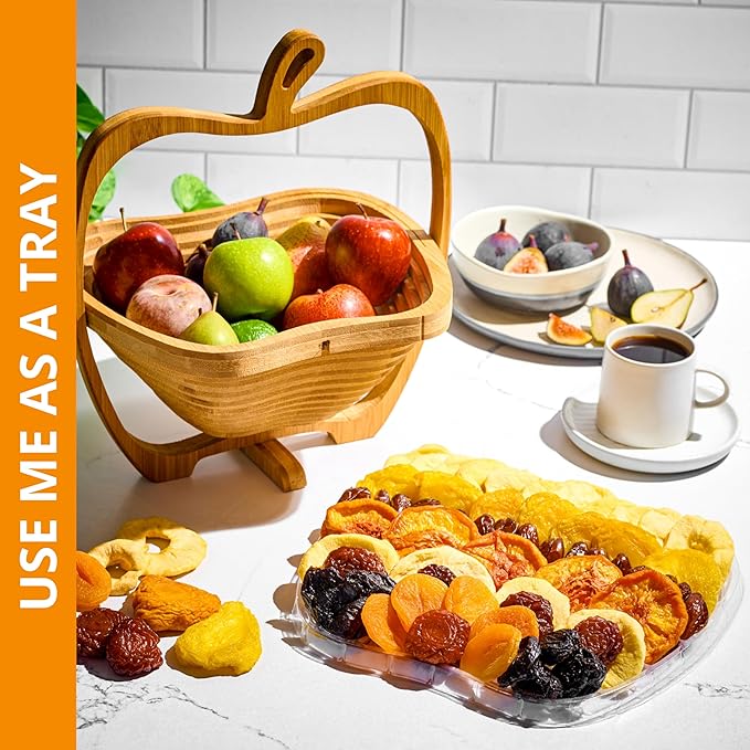 Oh! Nuts Dried Fruit Gift Basket - Gourmet Gift Baskets - Holiday Healthy Assortment Dried Fruits Gift Box - Crafted in the USA - Wooden Apple Shape Gift Tray - (Honey Beige)