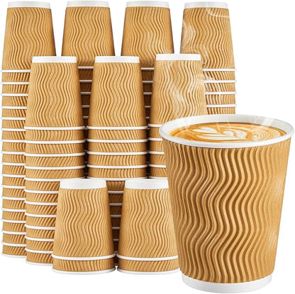 SIUQ 8 oz Coffee Cups - 150 Pack, Insulated Disposable Paper Cups 8 oz, Corrugated Ripple Wall Cups for Hot Beverage or Cold Drinks (Champagne)