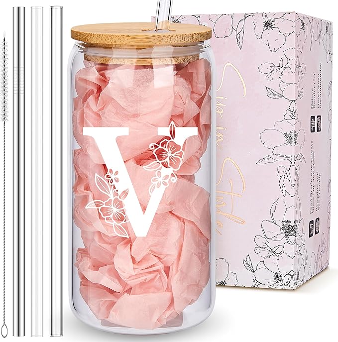 Personalized Tumbler, Monogrammed Can Glass Cups with Bamboo Lids and Straws, Customized Gifts for Women, Cute Design Initial Iced Coffee glasses, Custom Letter Mug, Birthday Bridesmaid, V
