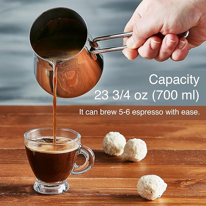 Crystalia Turkish Coffee Pot 18/10 Stainless Steel, Stove Top Tea Maker, Milk Warmer, Greek Arabic Coffee Cezve Briki, 23 2/3 oz (700 ml) (Silver, Large)