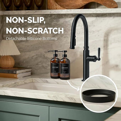 Vine Creations Amber Glass Soap Dispenser Set - Kitchen Soap Dispenser Set with Stainless Steel Pump - 16 oz Dish Soap and Hand Soap Dispensers for Bathroom with Silicone Pad & Waterproof Labels
