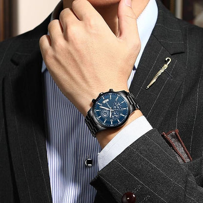 CRRJU Men's Fashion Stainless Steel Watches Date Waterproof Chronograph Wristwatches,Black Steel Band Waterproof Quartz Watch for Men