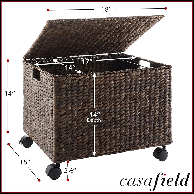 Casafield Rolling Filing Cabinet, Espresso - Water Hyacinth File Organizer with Lid and Locking Wheels, Home Office Storage for Hanging Folders