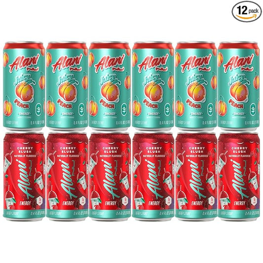 Generic Alani. Nu Mini Energy Drink Variety Pack - (Pack Of 12) - 2 Different Flavors : Cherry Slush and Juicy Peach - 8.4 fl oz Cans - By The Munchie Mix