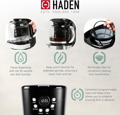 HADEN Coffee Machine, 12 Cup Drip Coffee Maker Bundled with Heritage 1.7 Liter Stainless Steel Electric Kettle, Black & Chrome