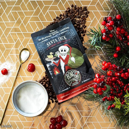Bones Coffee Company The Nightmare Before Christmas Santa Jack Flavored Coffee Beans, Whole Bean Coffee Medium Roast Low Acid, Cranberry Creme Brulee Flavor (12 oz)