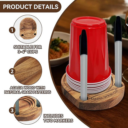 Party Cup Holder with Marker Slot, Acacia Wood Bathroom Cup Dispenser Mark Your Cup and Drink Up, Hosting Essential to Prevent Mix-Ups & Mark Your Cup for Birthdays, BBQs, Holiday Events