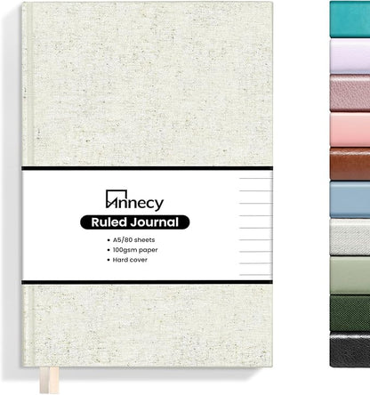 Annecy Lined Journal Notebook, Hardcover Leather Journal for Women & Men, 160 Numbered Pages, Medium 5.5" x 8.25", 100 GSM Thick Paper, Beige