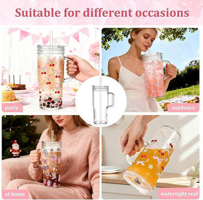 Birity 24oz Pink Bow Glass Cups with Lids and Straws,2 Set Glass Tumbler with Handle,Galss Cup with Stickers and Aesthetic Iced Coffee Cup for Smoothies,Tea,Juice,Boba,Christmas Gifts for Women