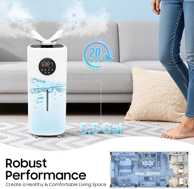 5.5Gal/21L Large Humidifiers, Quiet Whole House Humidifier for 3000 sq.ft, Cool Mist Top Fill Humidifier with 3 Mist Levels, Extension Tube, 2000ML/H Dual 360° Nozzles, Wheels & Remote Control