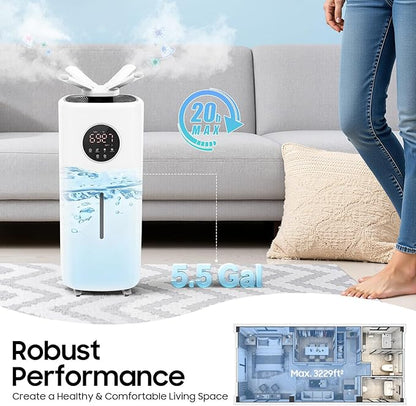 5.5Gal/21L Large Humidifiers, Quiet Whole House Humidifier for 3000 sq.ft, Cool Mist Top Fill Humidifier with 3 Mist Levels, Extension Tube, 2000ML/H Dual 360° Nozzles, Wheels & Remote Control