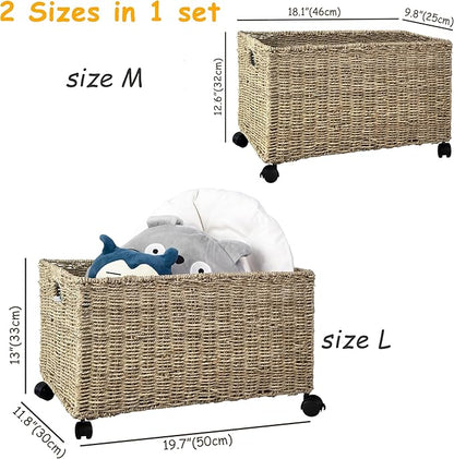 PEMAR Set 2 Nesting Natural Wicker Rolling Storage Baskets on Wheels w Insert Handles, Under Table Under Desk Woven Storage Bins, Mobile File Cabinet Organiser (Seagrass, Sizes M, L Nesting)