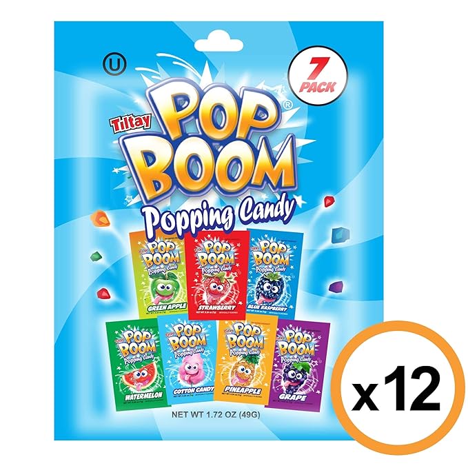 Tiltay Pop Boom Popping Candy – 7 Flavor Assortment, Strawberry, Green Apple, Blue Raspberry, Watermelon, Grape, Pineapple, Cotton Candy – 12 x 7-pack