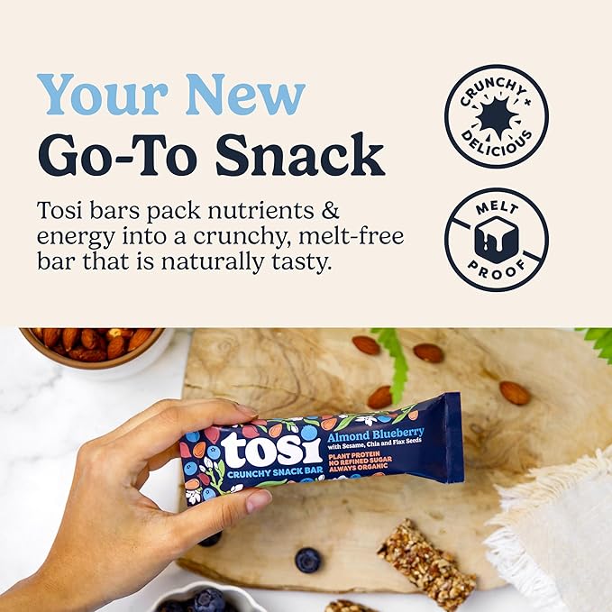 Tosi Nut Bars, Almond Blueberry, Healthy Snacks for Adults & Kids, Plant Based Crunchy Bars (5G Protein), Organic Keto Snacks, Vegan, Gluten & Soy Free, Low Sugar, Omega 3s, 1oz, 12-Pack