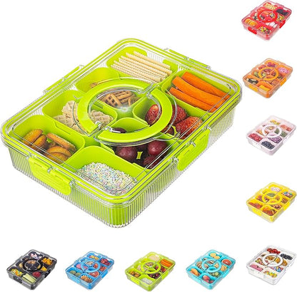 Patent Design Ribbed Snackle Box Container Divided Serving Tray with Lid and Handle -Charcuterie Container Portable Storage Organizer for Candy, Fruit, Beach, Picnics（1 pcs, Green）