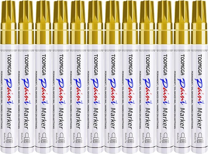 Gold Paint Pens Permanent Paint Markers 12 Pack Oil Based Markers, Quick Drying and Waterproof Marker Pen, Car Tire, Metal, Rock Painting, Wood, Ceramic, Plastic, Canvas, Mugs, Medium Tip