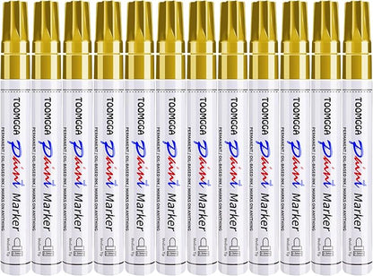 Gold Paint Pens Permanent Paint Markers 12 Pack Oil Based Markers, Quick Drying and Waterproof Marker Pen, Car Tire, Metal, Rock Painting, Wood, Ceramic, Plastic, Canvas, Mugs, Medium Tip