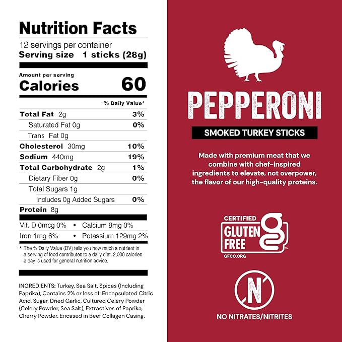 Chef’s Cut Real Turkey Jerky | Smoked Turkey Meat Sticks | High Protein Snack with 8 g Protein & 100 Calories, Gluten Free, Keto-Friendly| Pepperoni | 1 oz Stick (12-Count Bag)